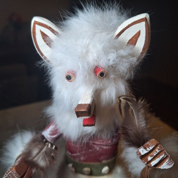 Kachina Doll Wolf Mask RB Vintage Native Folk Art Indian Fur Wood 12.5 Inch - Picture 8 of 14